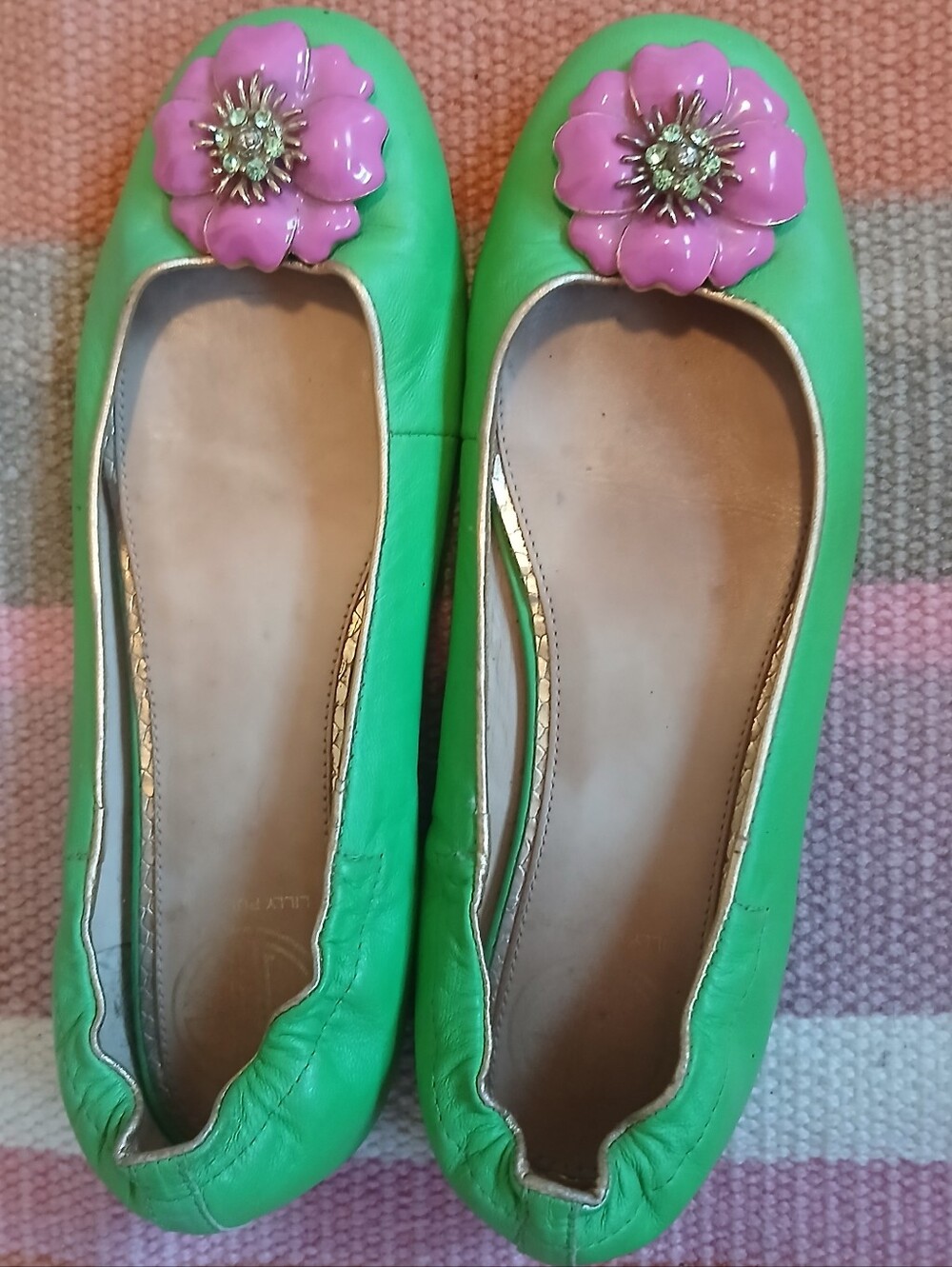 Women’s Green Ballet Flats with Pink Flower Accent